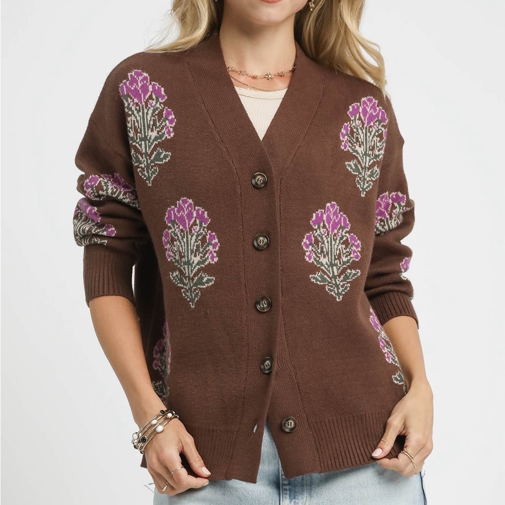 Umgee Single Flower Stem Jacquard Cardigan Sweater